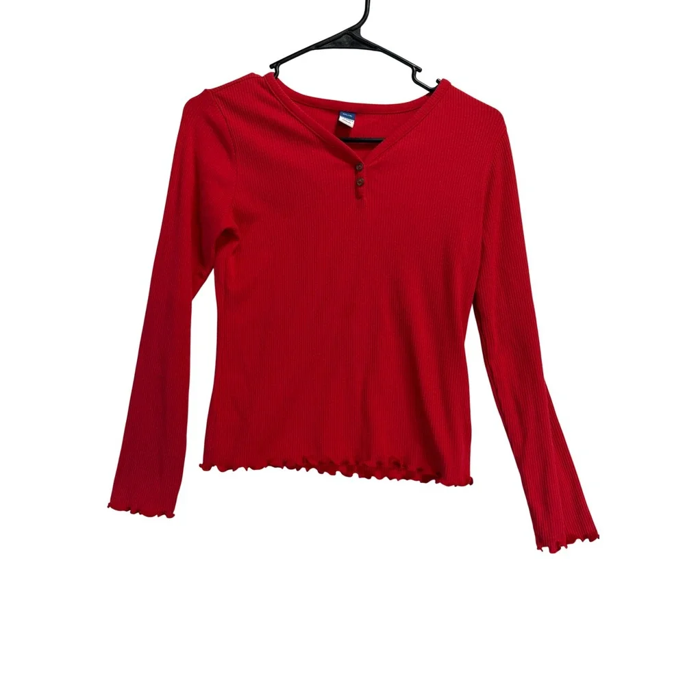Old Navy Kids Red Ribbed Henley Long Sleeve Lettuce Edge Top XXL 18